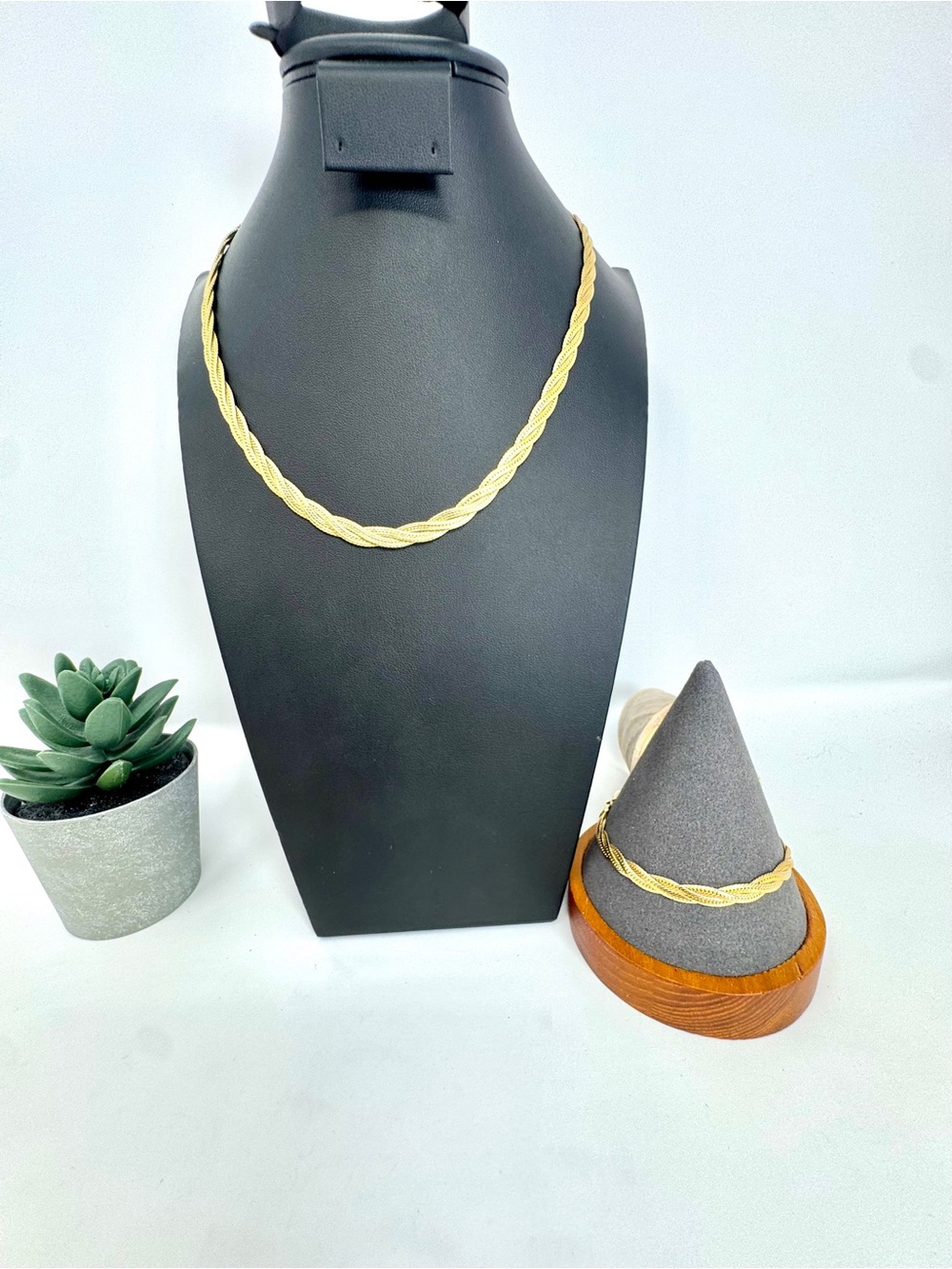 Vintage Gold Tone Braided Herringbone Chain Necklace and Matching Bracelet Set